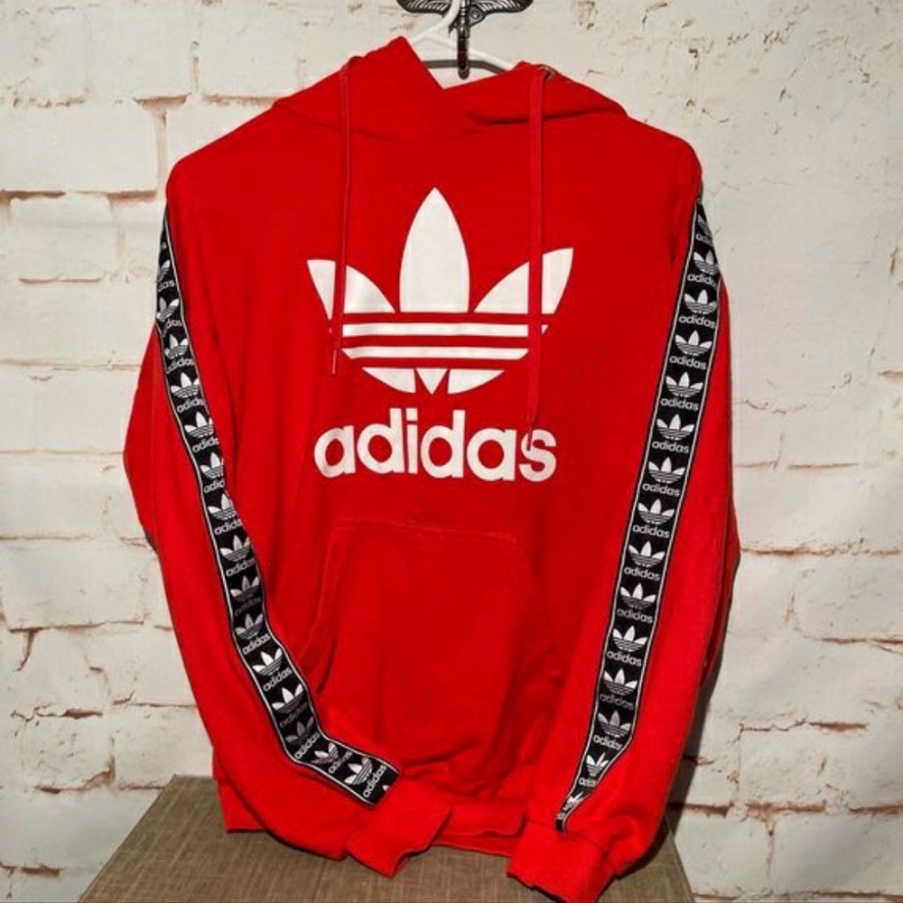 Adidas Originals Trefoil Women's Bold Red Hoodie with Black Arm Stripes Tape TNT
